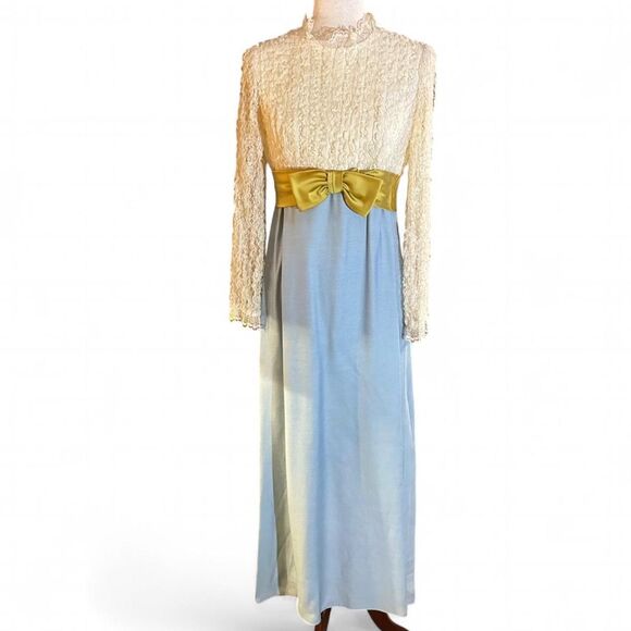 American Vintage Dresses & Skirts - 60s Lace Blue, Chartreuse w/ Creme Empire Waist w/Satin Bow Belted Prairie Dress